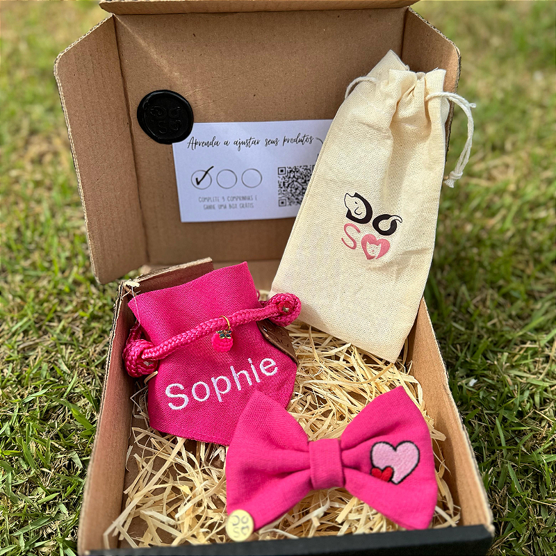 Super Shinebox bandana rosa, lacinho personalizado, bordado e colar personaizado para pet