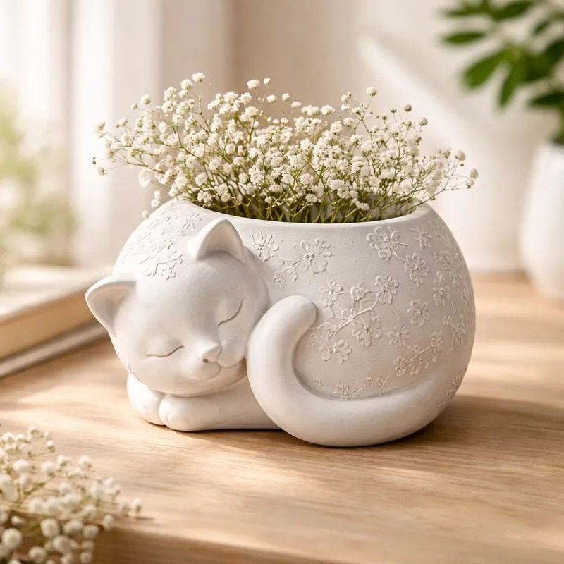 Vaso branco com gatinho dormindo e relevo floral