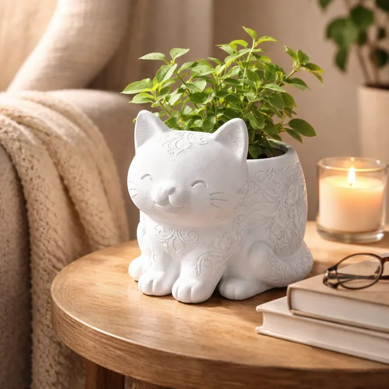 Vaso branco de gatinho sentado com relevo floral