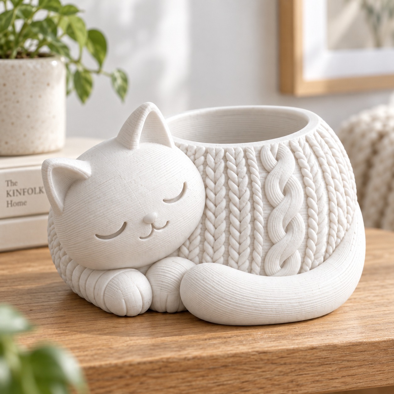 Vaso branco de gatinho com relevo trançado